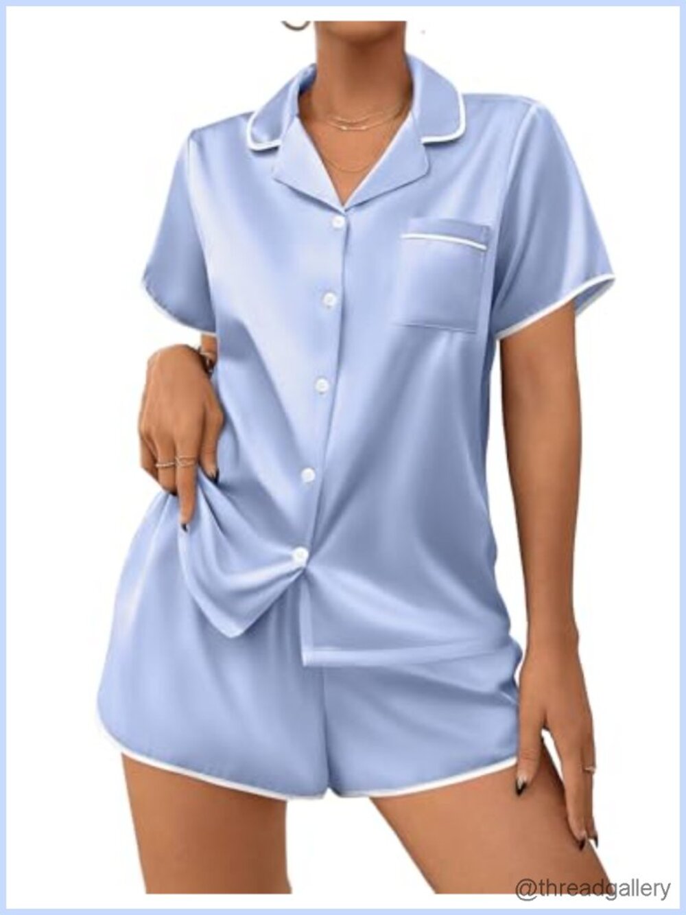 Satin Pajama Set 2 Piece Silky Button Down Short Sleeve Sleepwear